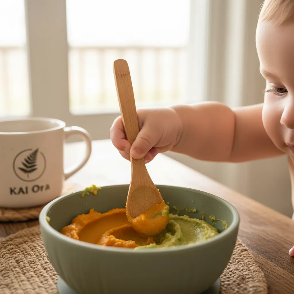 Baby using bamboo spoon and silicone bowl