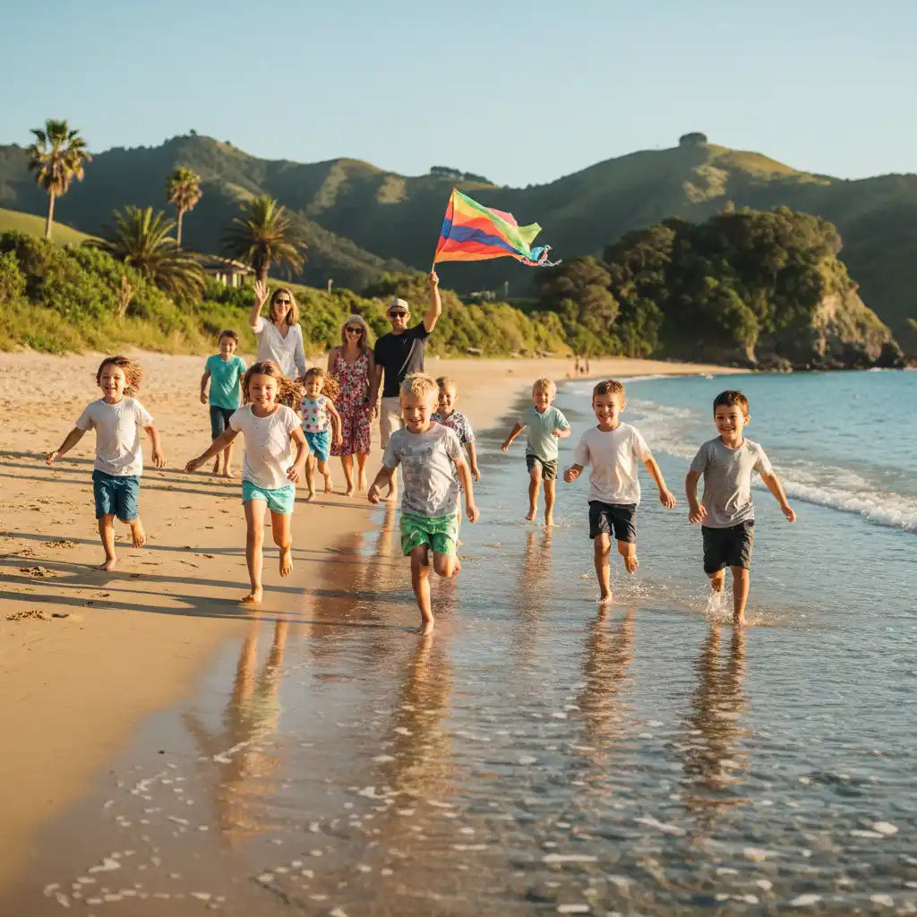 Kids enjoying beach experiences in New Zealand