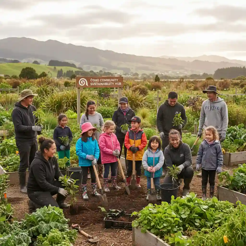Kids and parents planting trees for a sustainable future in NZ