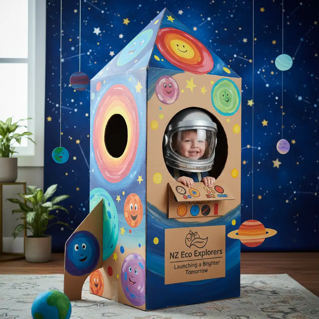 Child playing in a DIY cardboard box rocket, creative upcycling