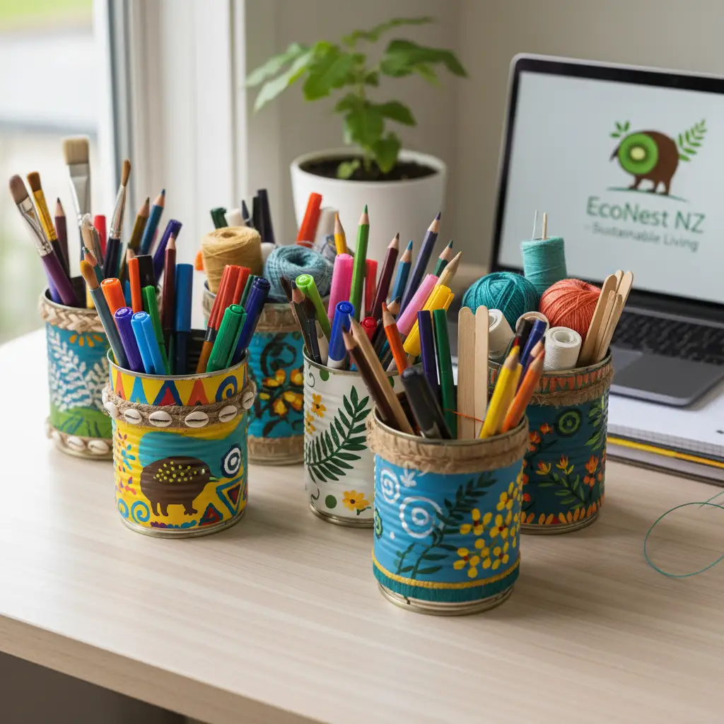 Decorative tin can desk organisers for kids, upcycled crafts