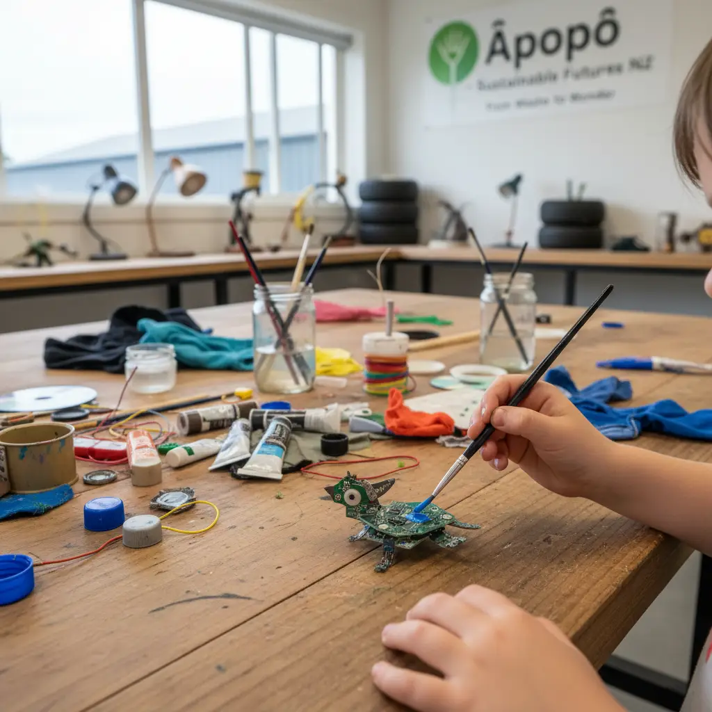 Child's hands working on upcycling craft, focused and creative