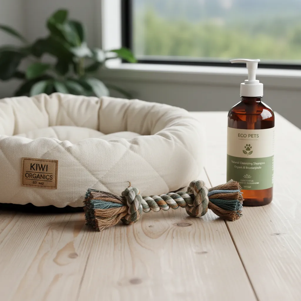 Eco-friendly pet products including recycled toys and natural shampoo