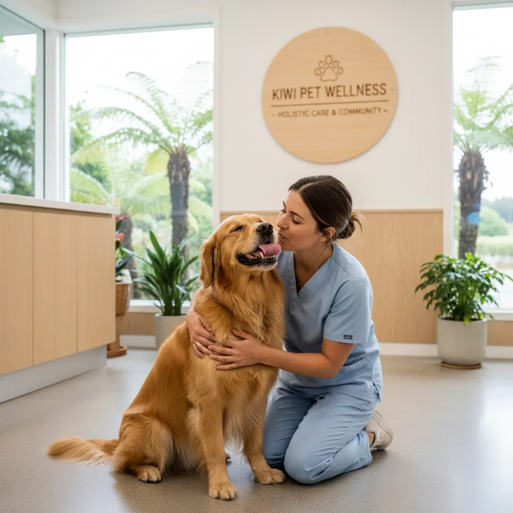 Veterinarian examining a dog in a local, sustainable New Zealand clinic