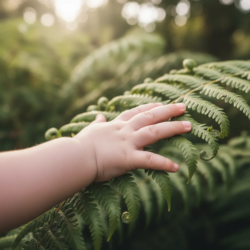 Baby's hand touching a leaf, symbolizing eco-friendly baby skincare