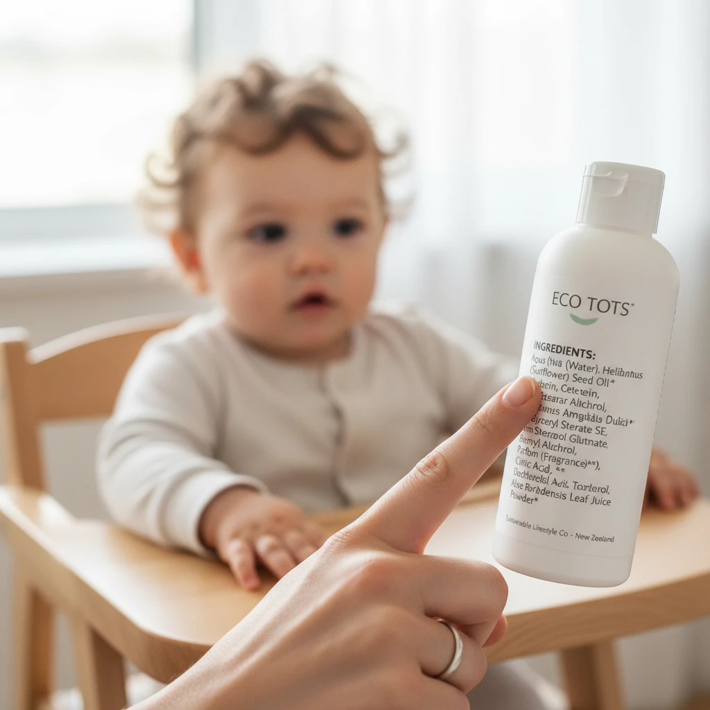 Parent reading ingredients on eco-friendly baby lotion