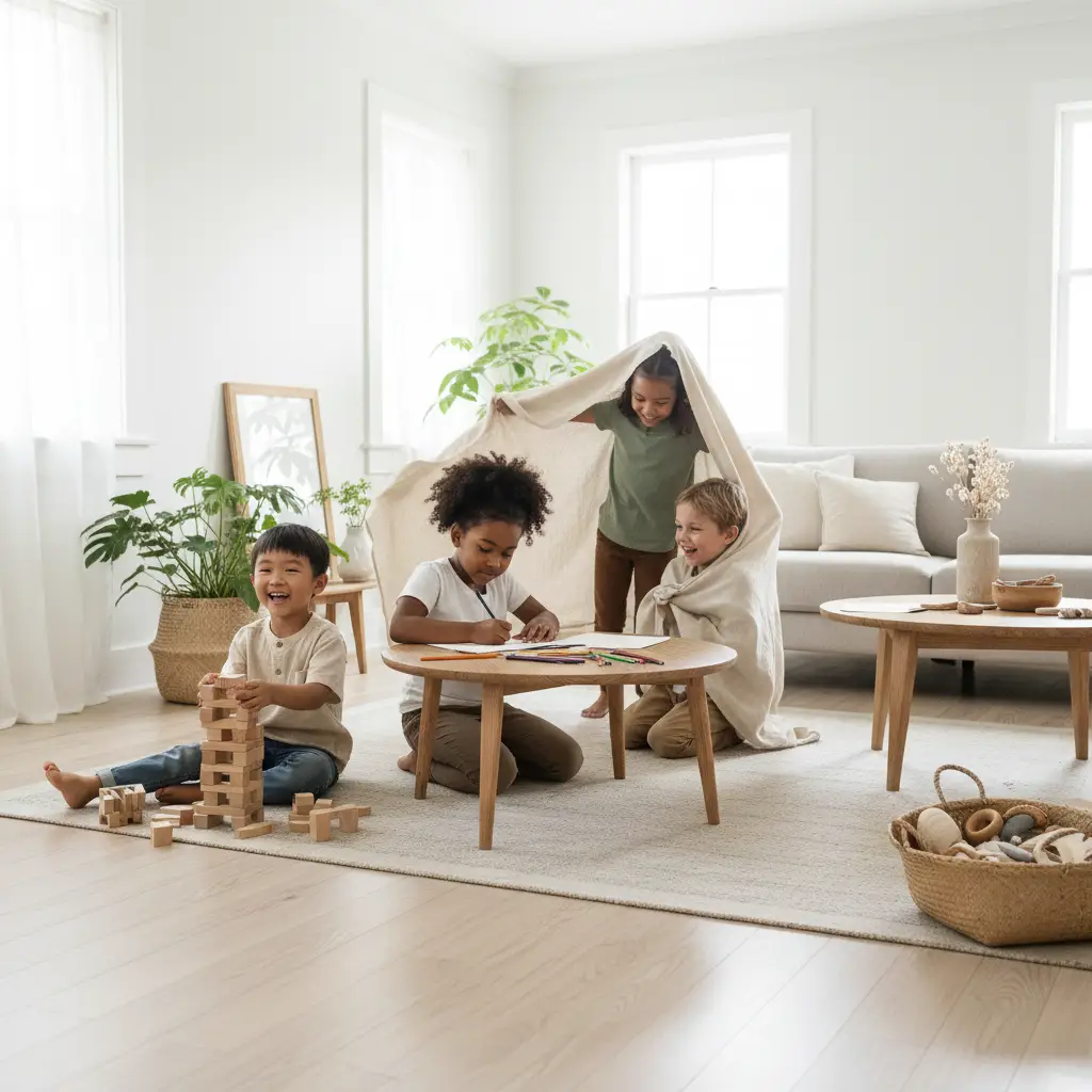 Children playing with simple wooden toys in a minimalist living room, showcasing minimalist parenting