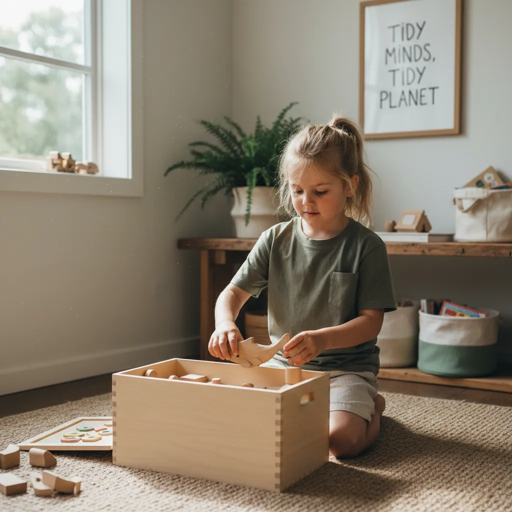 Child learning independence by tidying toys, a core principle of minimalist parenting