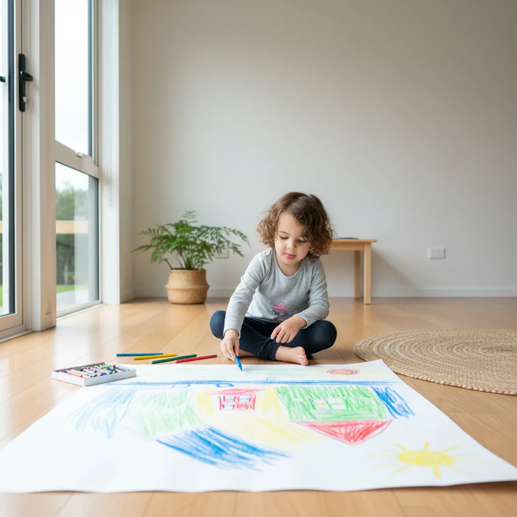 Child drawing intently in a calm, minimalist space, fostering creativity