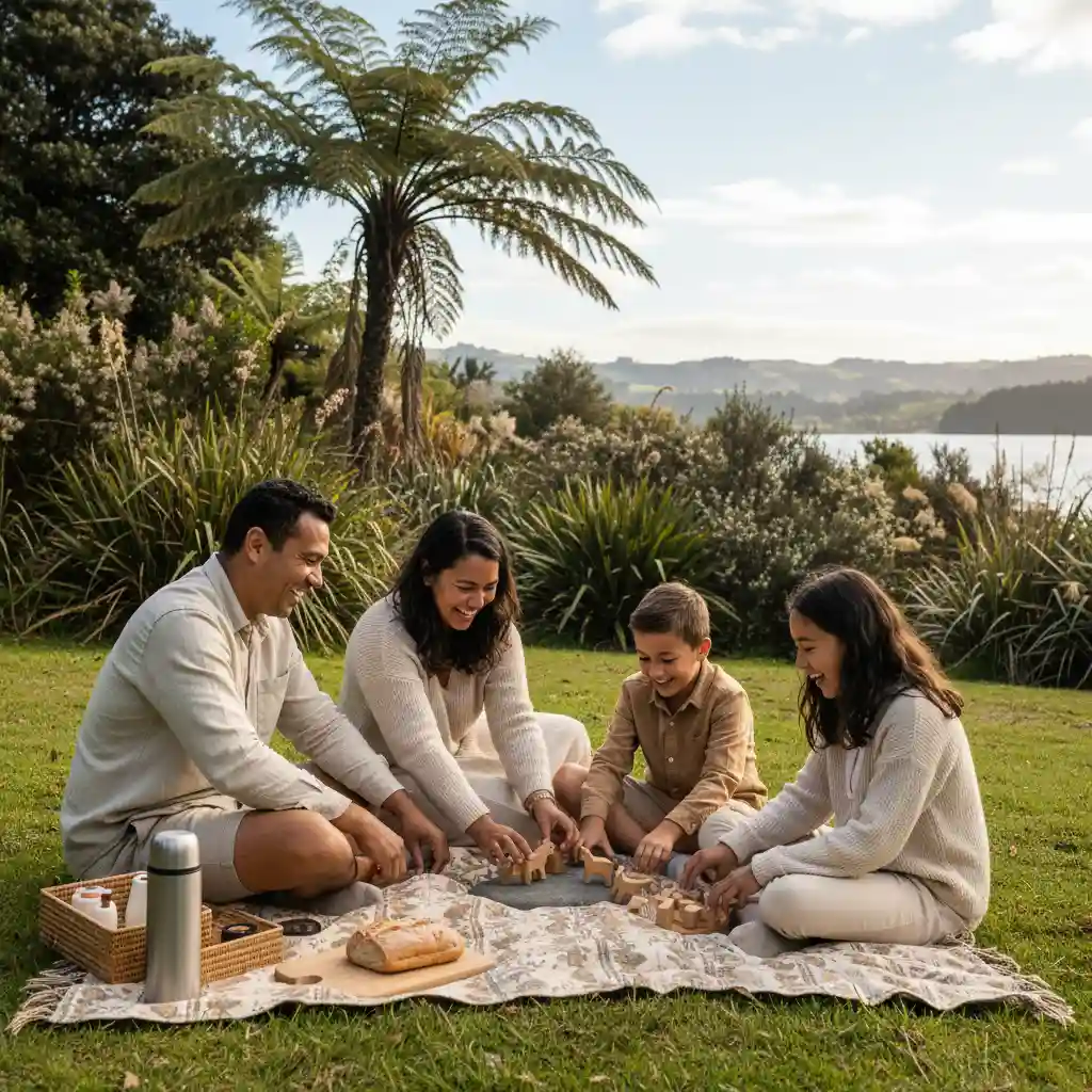 Happy New Zealand family enjoying quality time outdoors, a benefit of minimalist parenting
