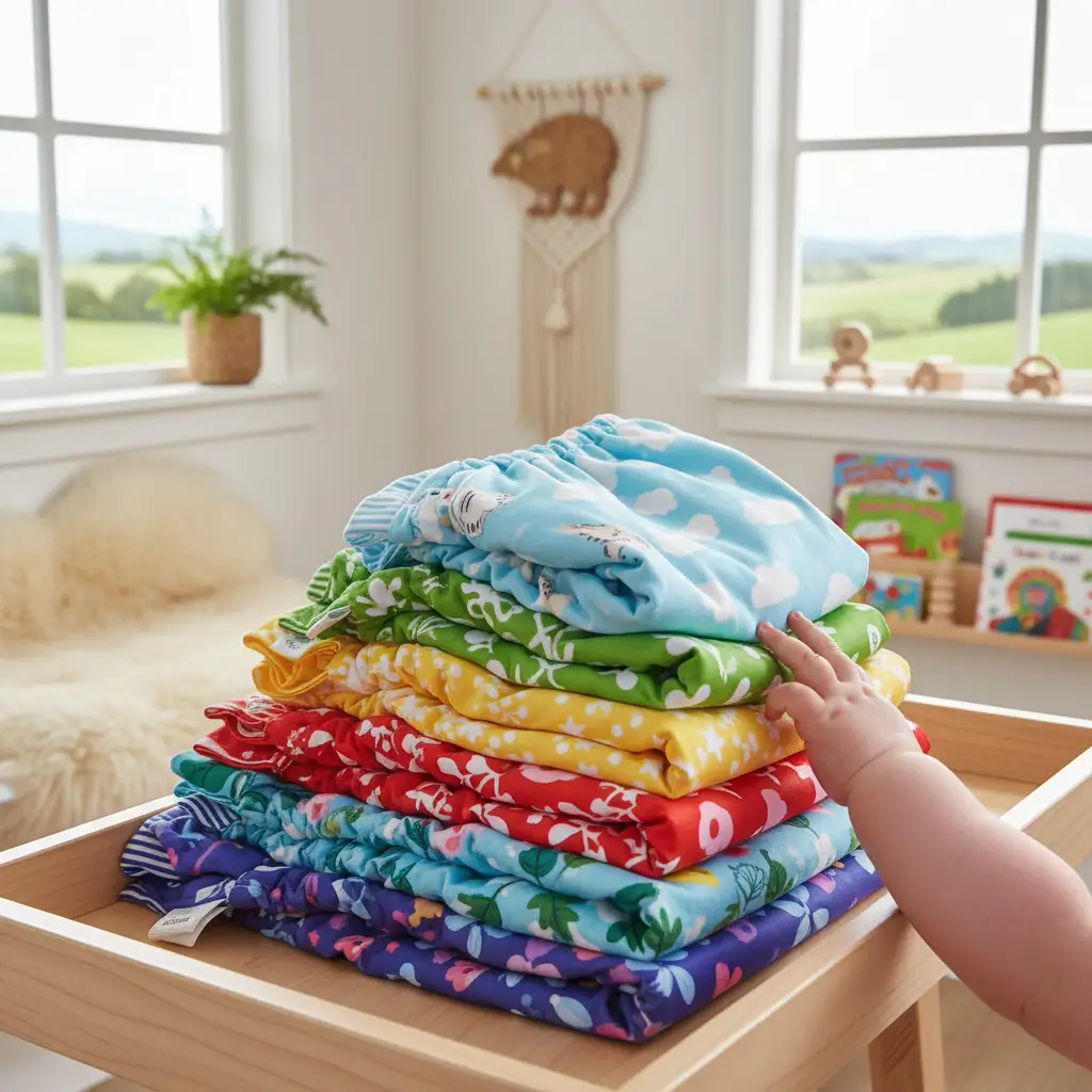 Modern cloth diapers stacked in a nursery