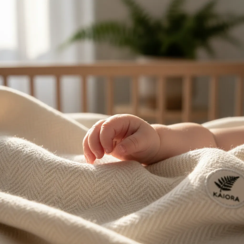 Baby touching organic cotton blanket - an example of eco-friendly baby products