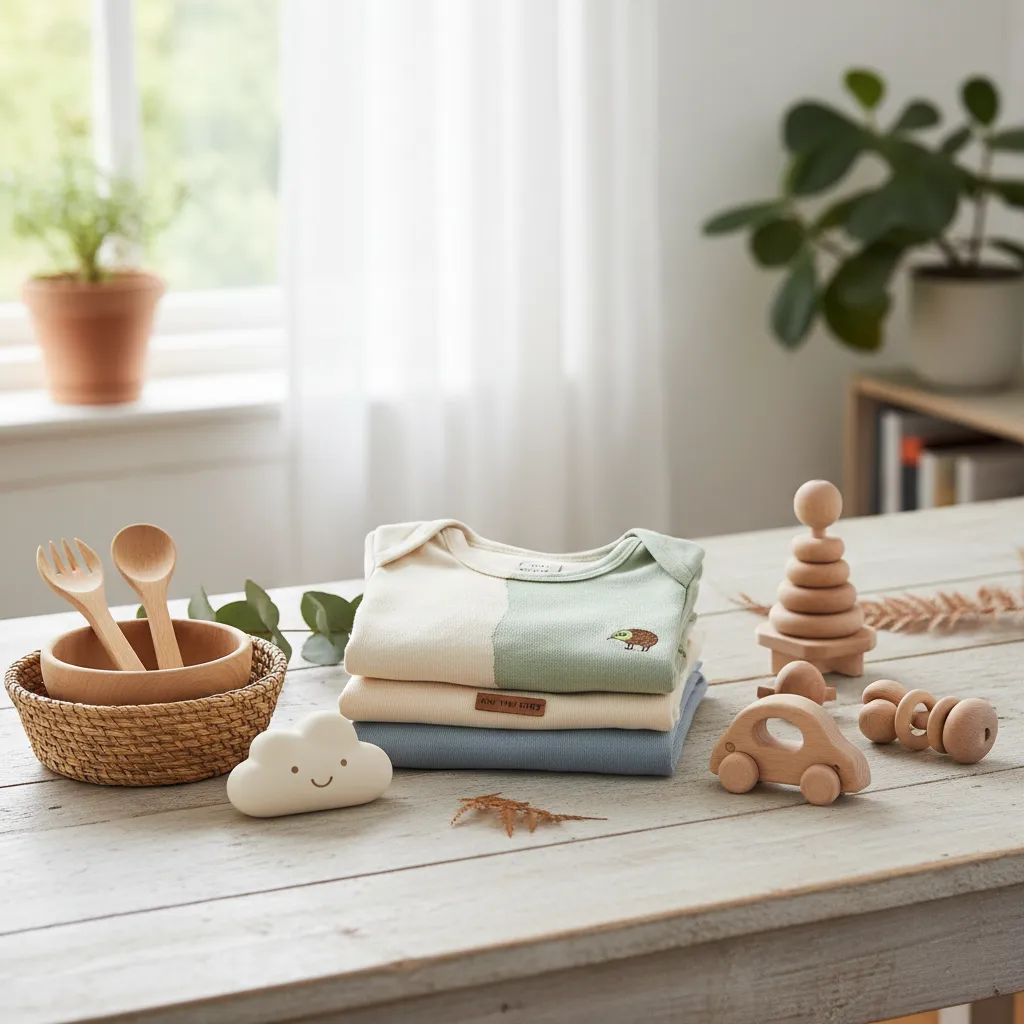 Assortment of sustainable materials in eco-friendly baby products