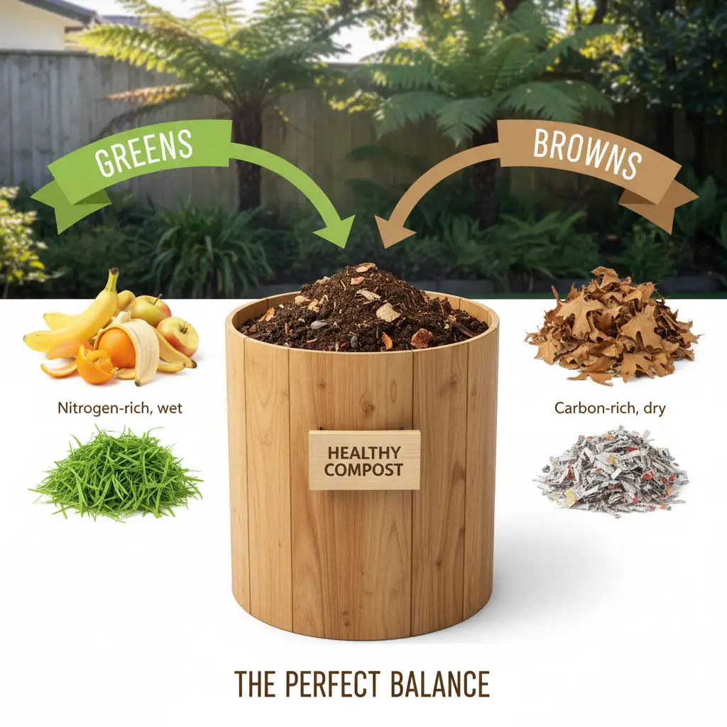 Infographic explaining green and brown materials for a successful composting NZ guide