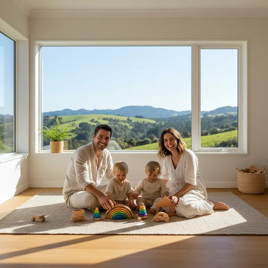 Happy New Zealand family practicing minimalist parenting with simple toys