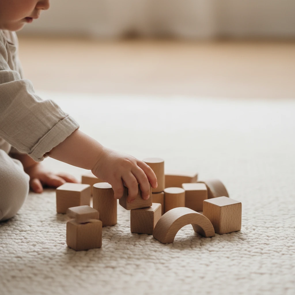 Child playing with few, high-quality wooden minimalist toys