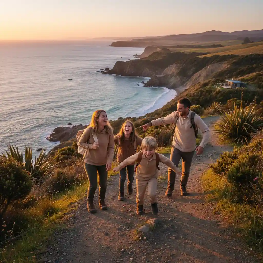 Family enjoying minimalist outdoor experience in New Zealand