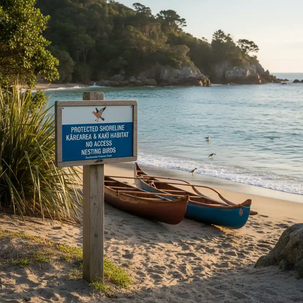 Canoeists near a sign indicating protected wildlife area, highlighting challenges of access and compliance