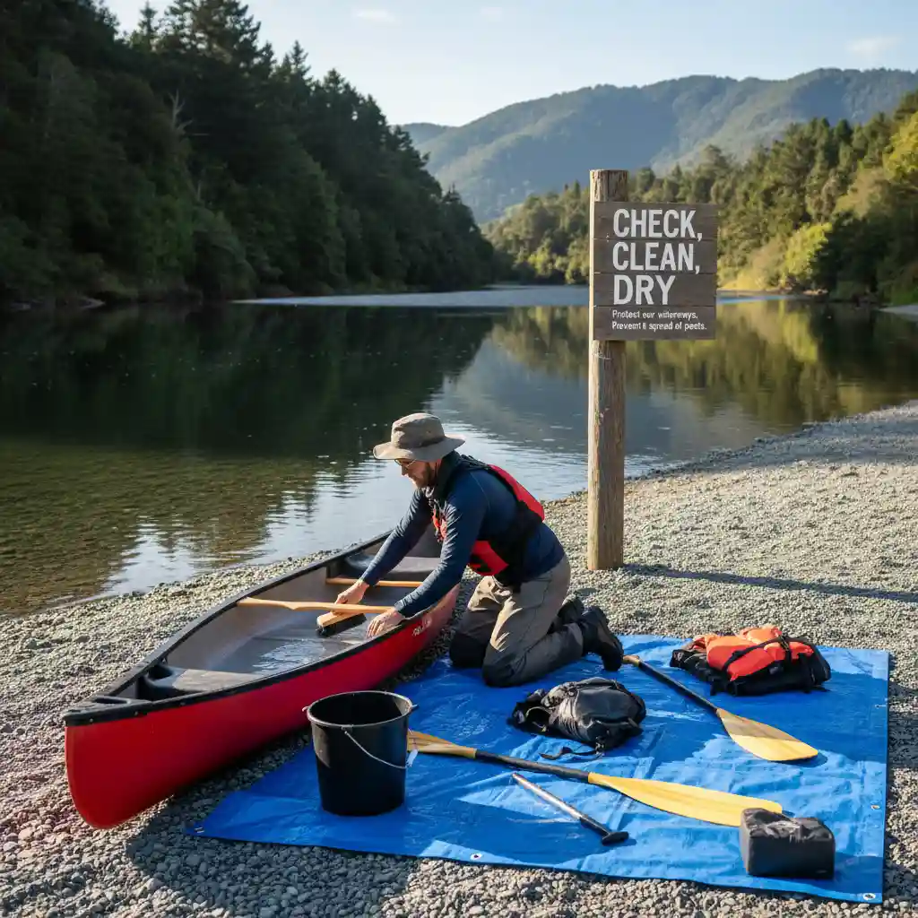 Paddler cleaning canoe to prevent spread of pests, responsible canoeing in protected areas
