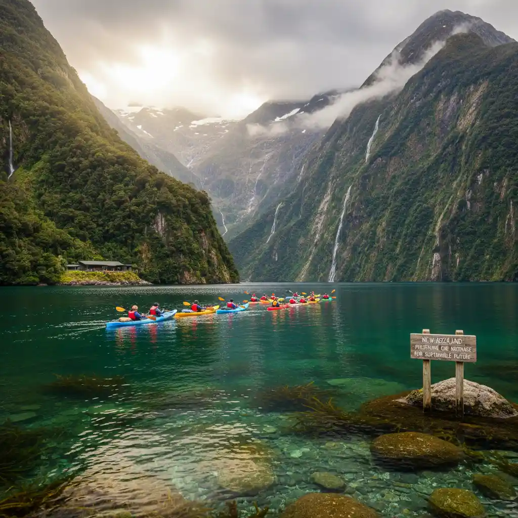 Group of canoeists exploring a stunning New Zealand fiord, embodying sustainable future of outdoor recreation