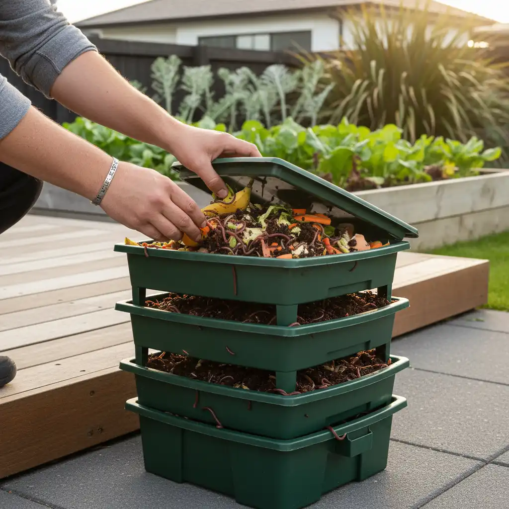 Tiered worm farm in a NZ garden, part of a composting NZ guide