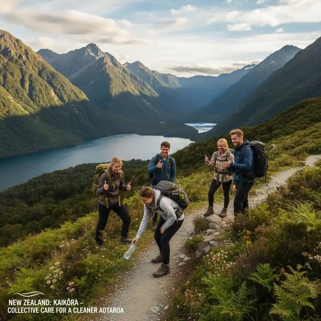 Friends picking up litter on a hiking trail in New Zealand
