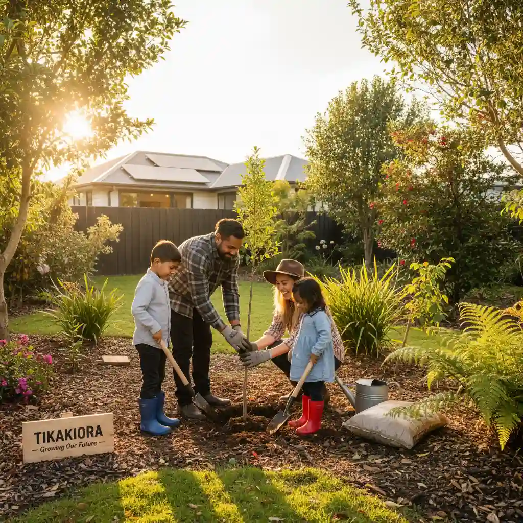 New Zealand family practicing sustainable parenting by planting a native tree