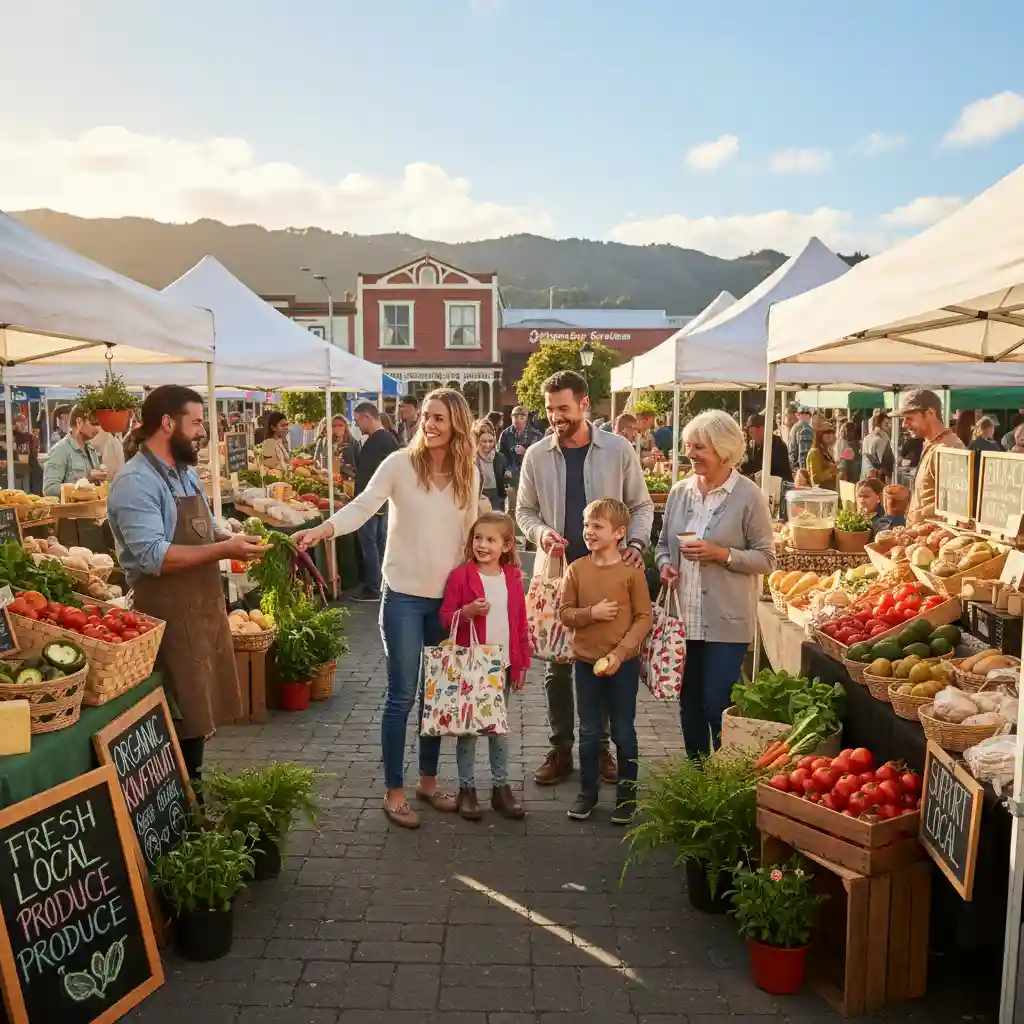 Eco-friendly family buying local produce at a New Zealand farmer's market