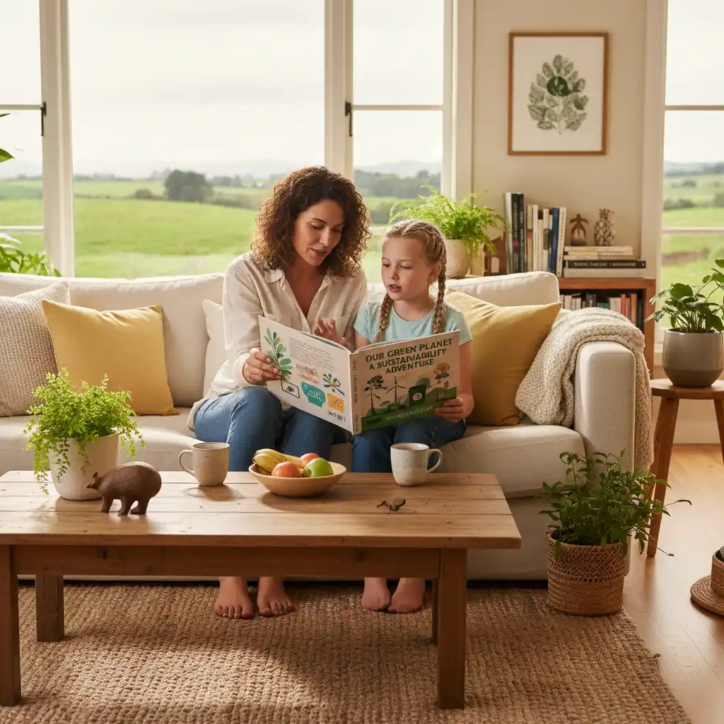 Parent and child discussing environmental topics, practicing sustainable parenting