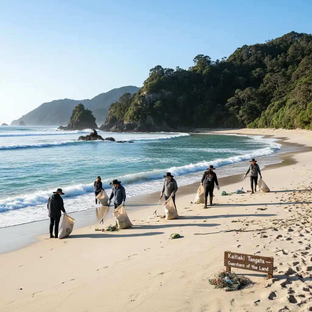 Sustainable beach cleanup in New Zealand