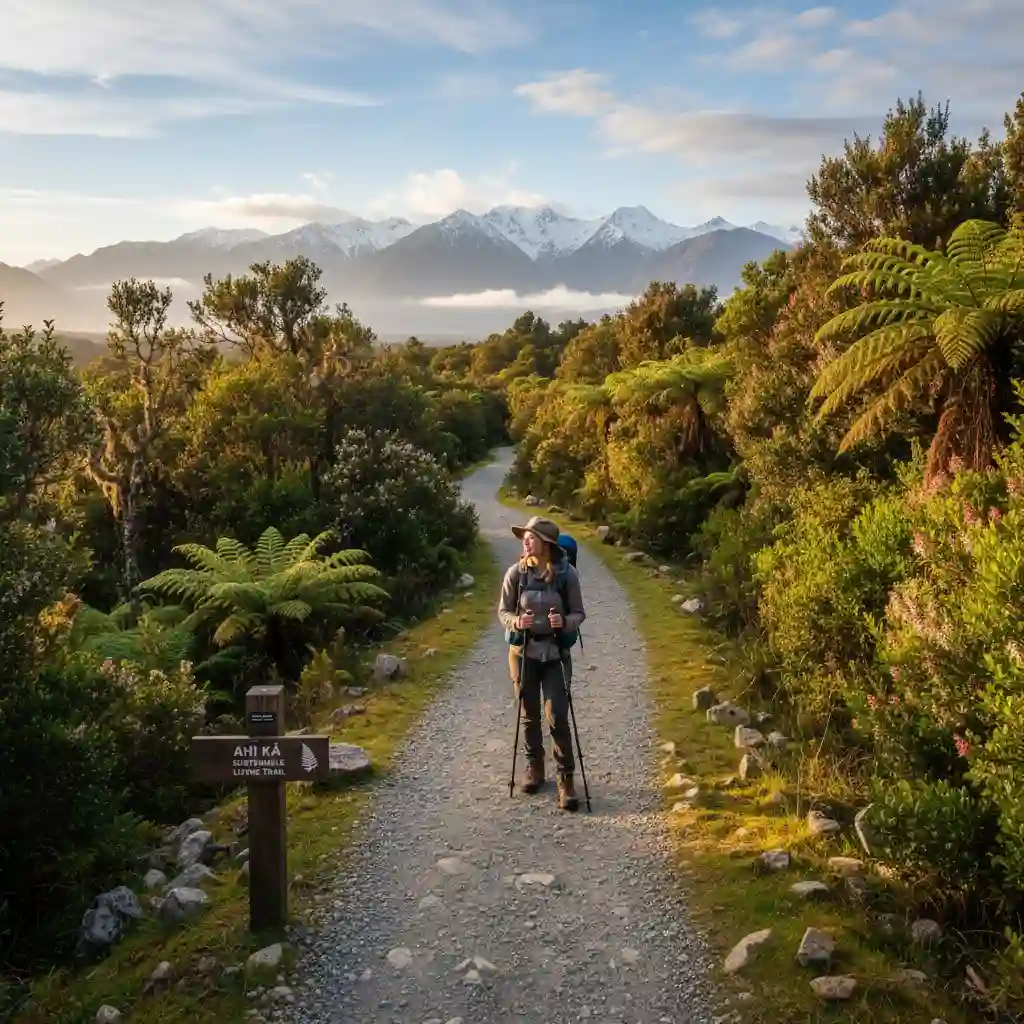 Hiker on a sustainable trail in New Zealand native bush