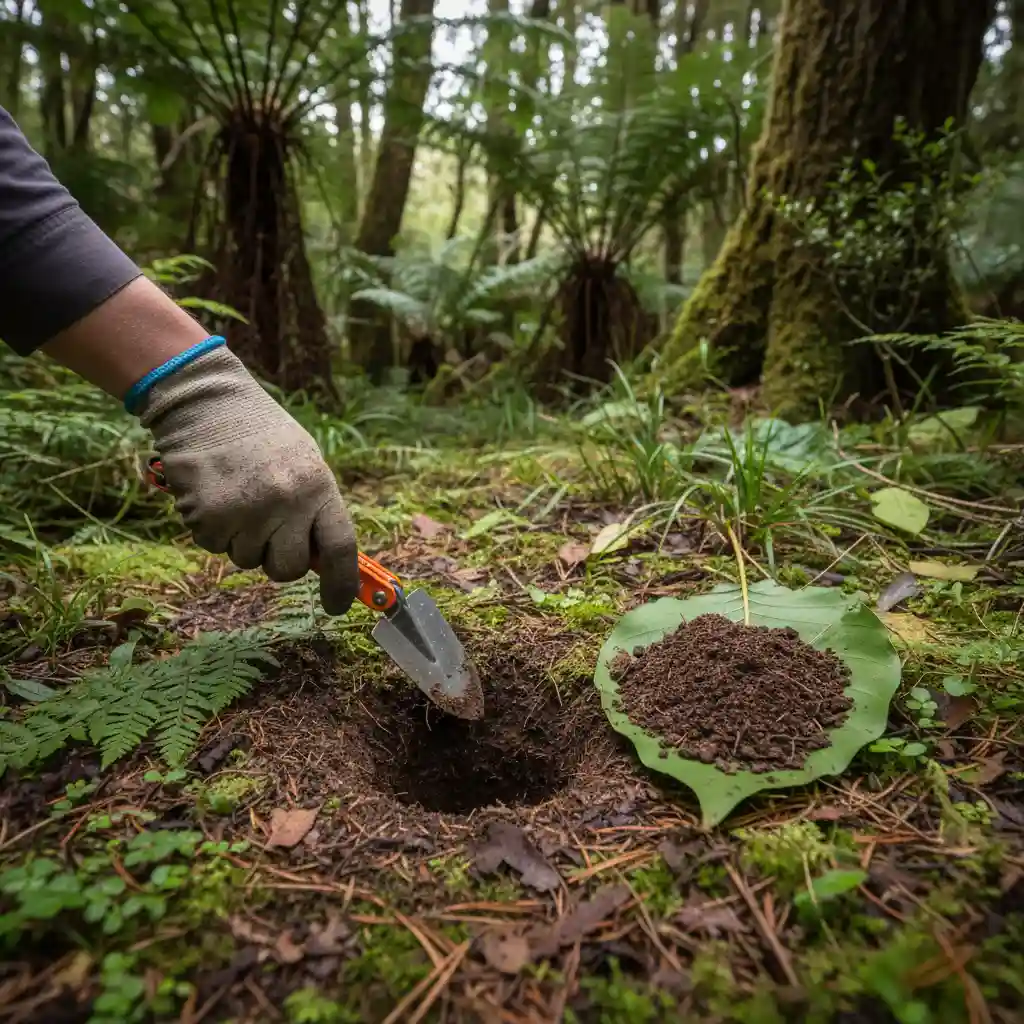Proper disposal of human waste with a trowel on a hiking trail