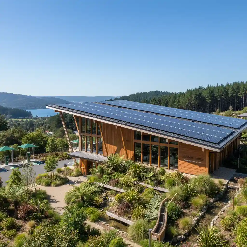 Eco-friendly hotel with solar panels and green landscaping, embodying sustainable stays