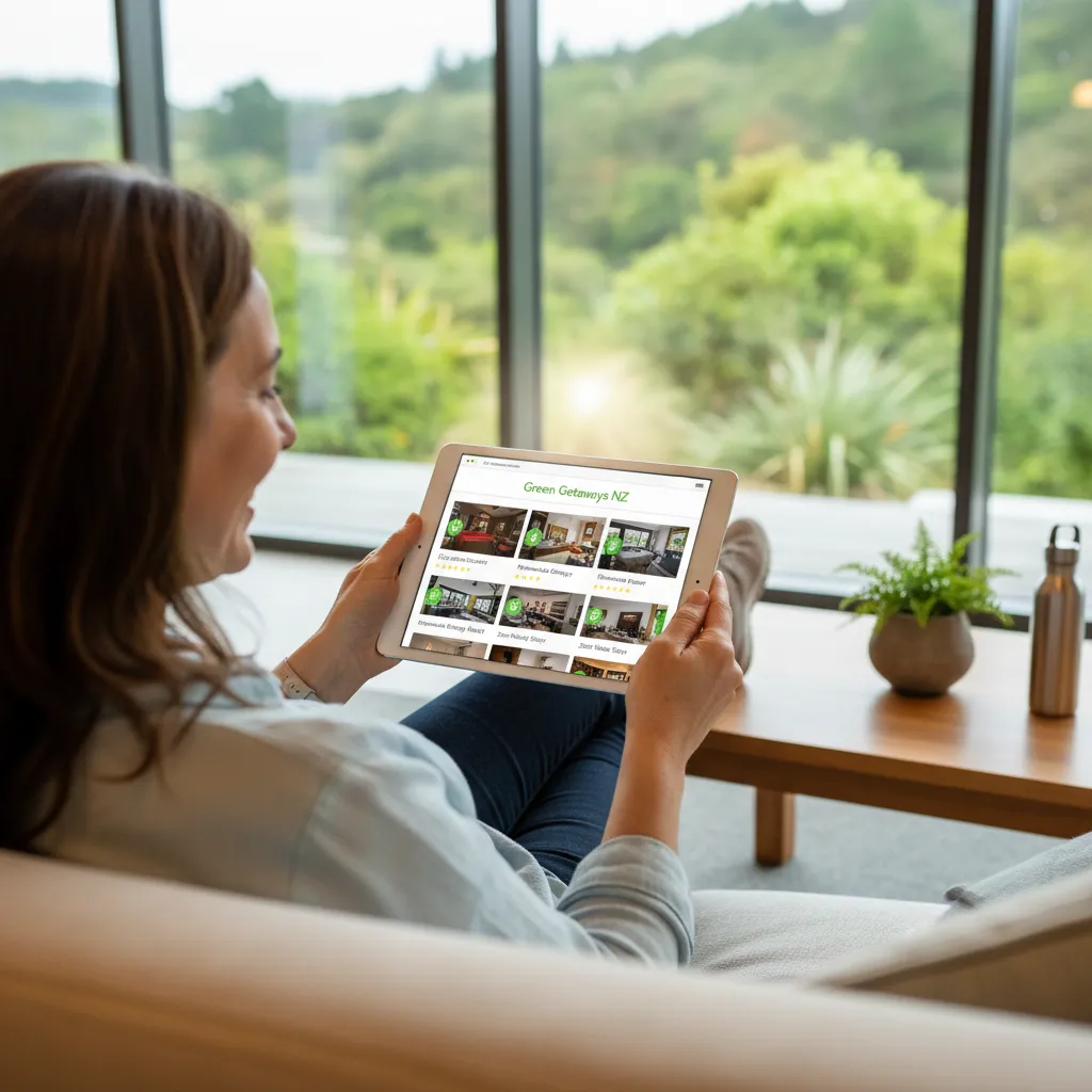 Green traveler researching sustainable stays on a tablet for eco-friendly hotels
