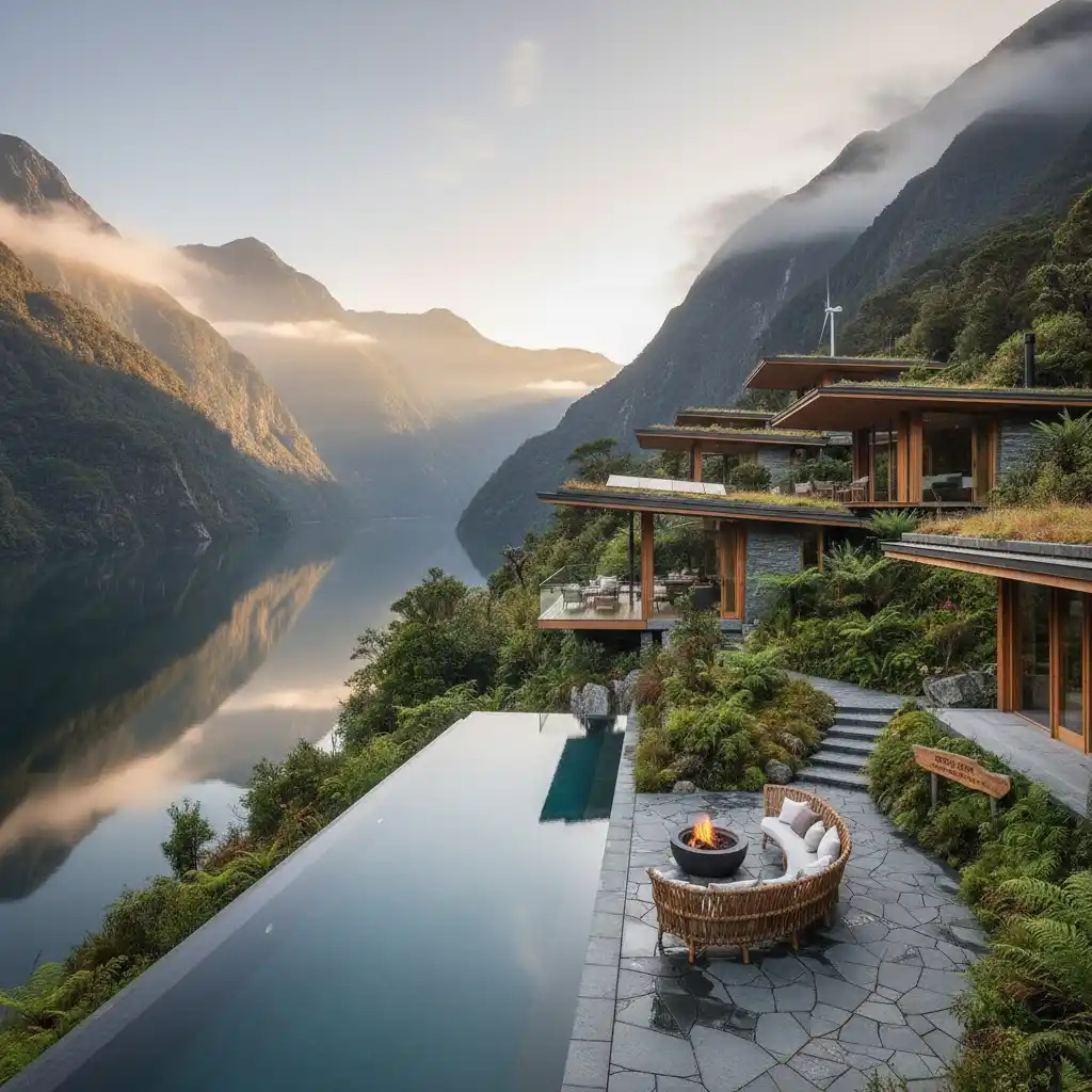 Scenic New Zealand landscape featuring an integrated eco-lodge, showcasing sustainable tourism