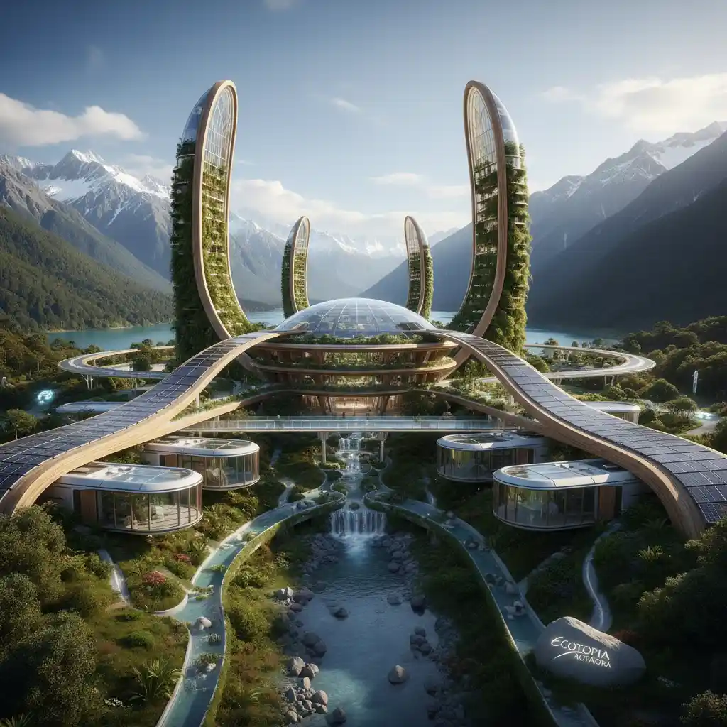 Conceptual future eco-resort demonstrating innovation in sustainable tourism and green hotels