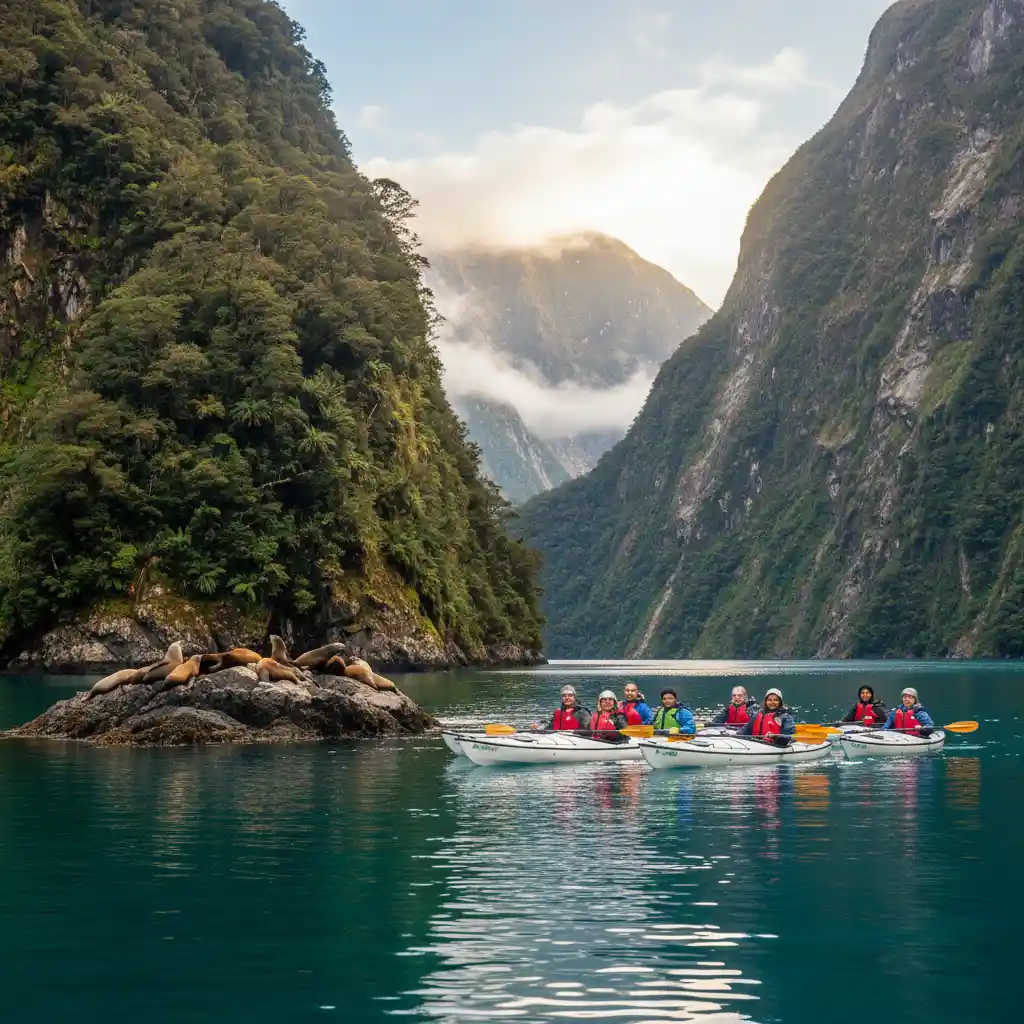 Sustainable kayaking in Milford Sound, New Zealand ecotourism