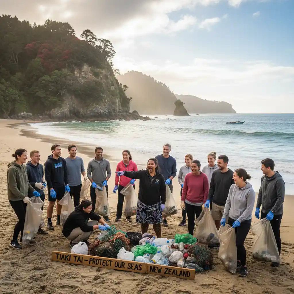 Tourists engaging in a responsible tourism activity in New Zealand beach cleanup