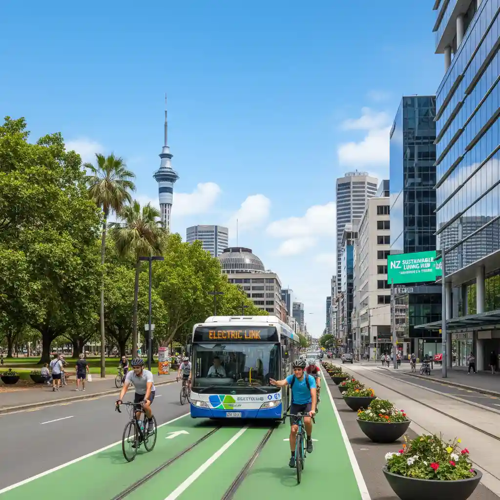Eco-friendly travel in a New Zealand city with public transport and biking