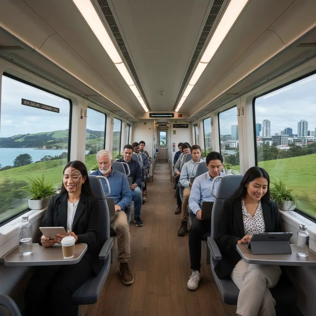 Commuters relaxing on public transport in New Zealand