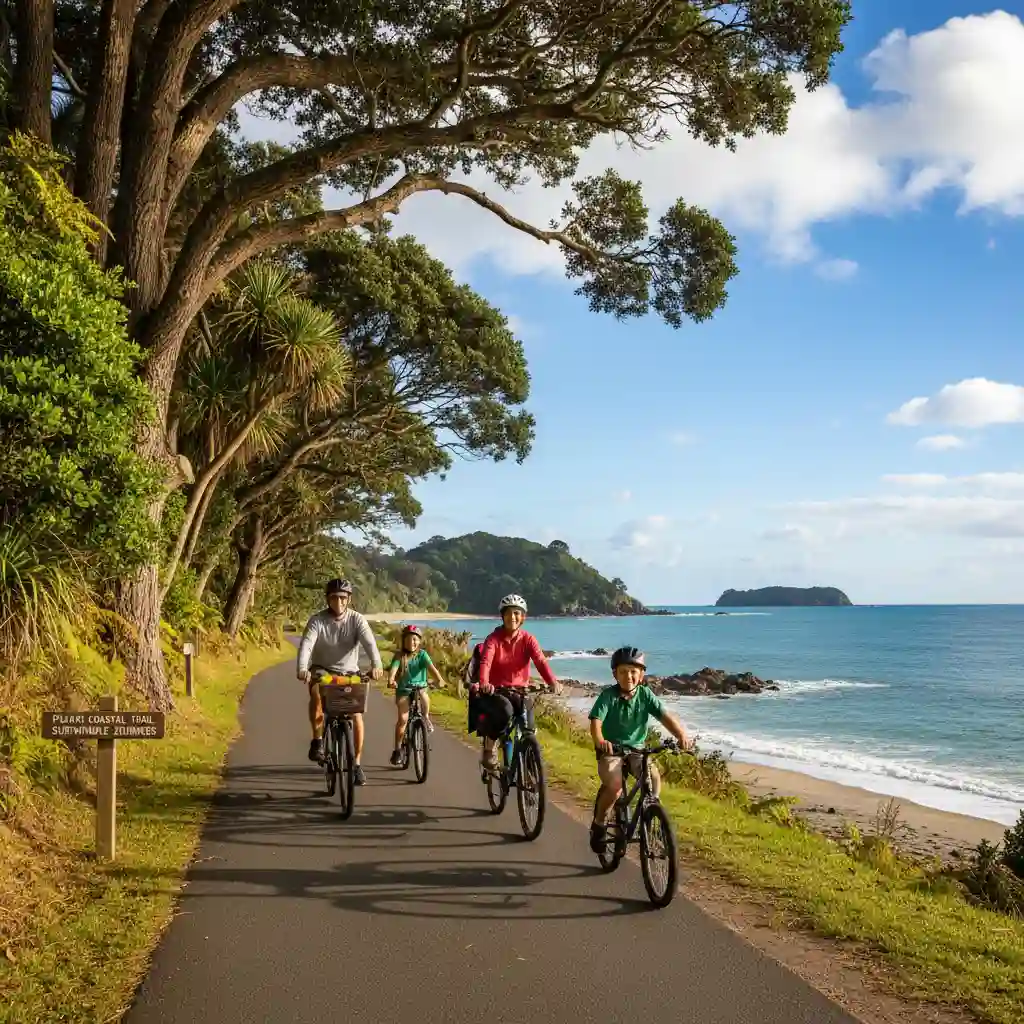 Family enjoying eco-friendly biking on a New Zealand coastal path