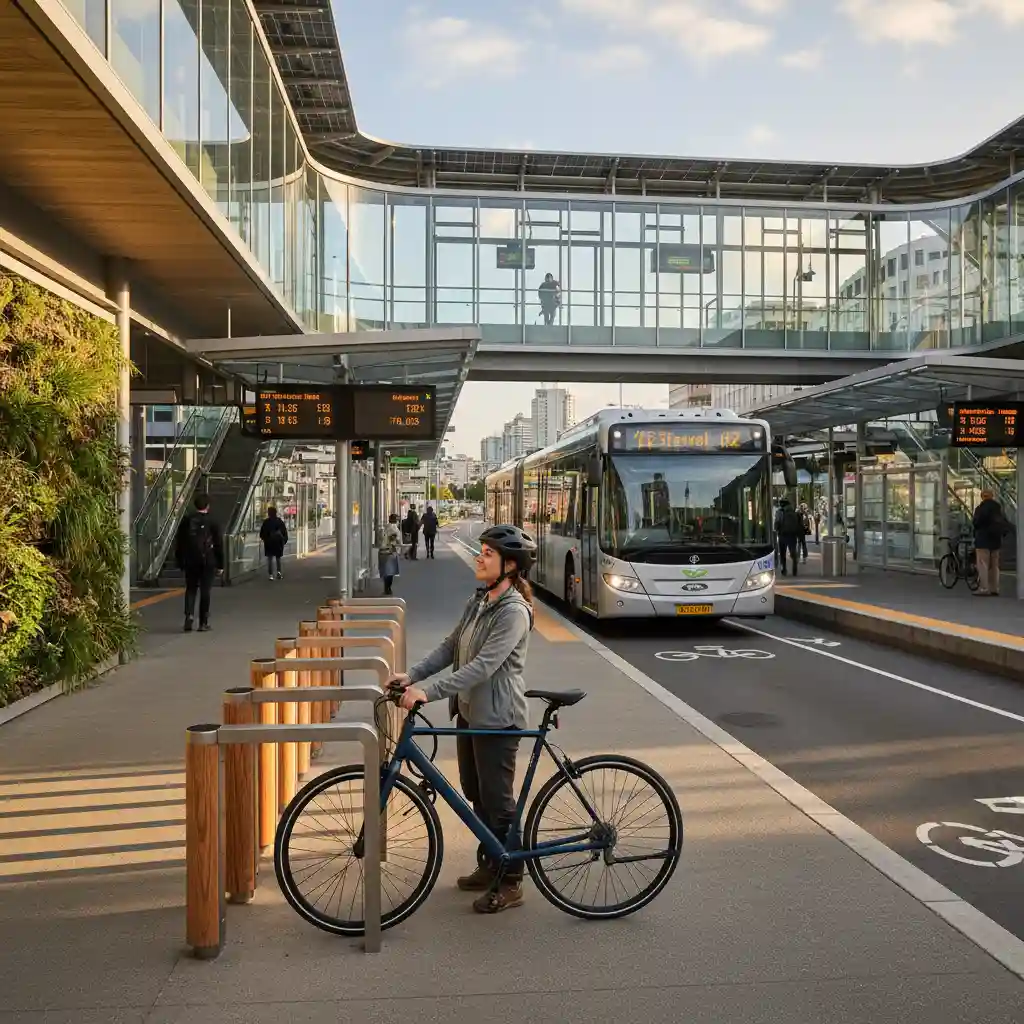 Person transitioning from biking to public transport at a hub