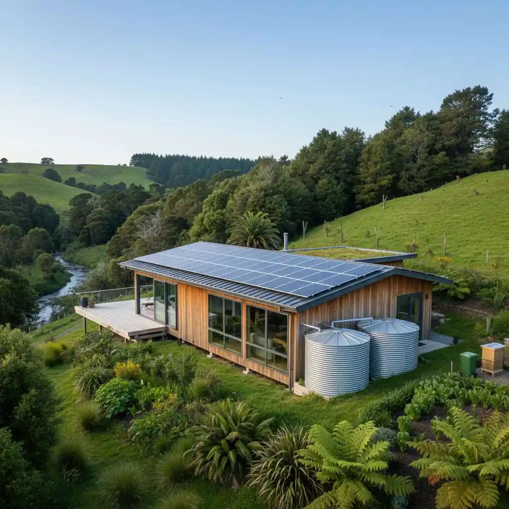 Sustainable home in New Zealand with solar panels and rainwater harvesting