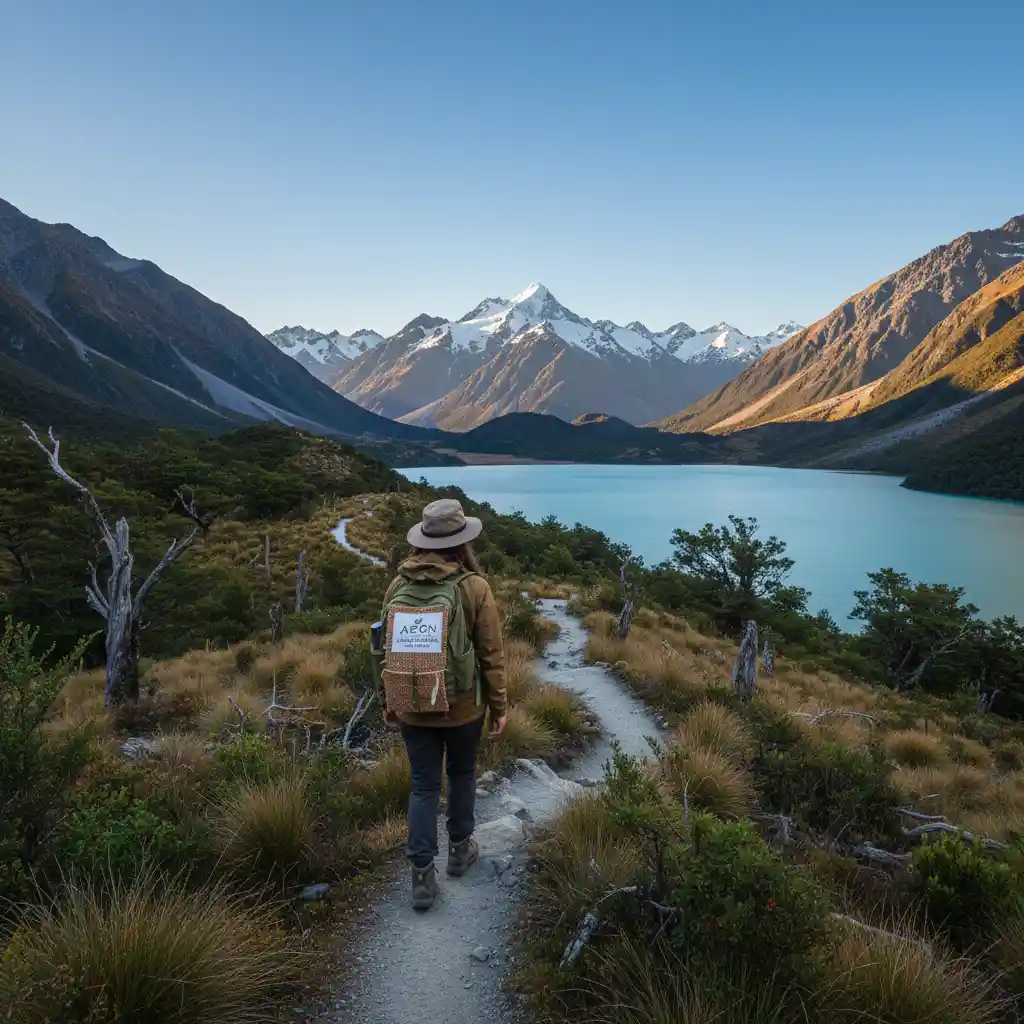 Hiker in New Zealand wearing eco-friendly outdoor gear
