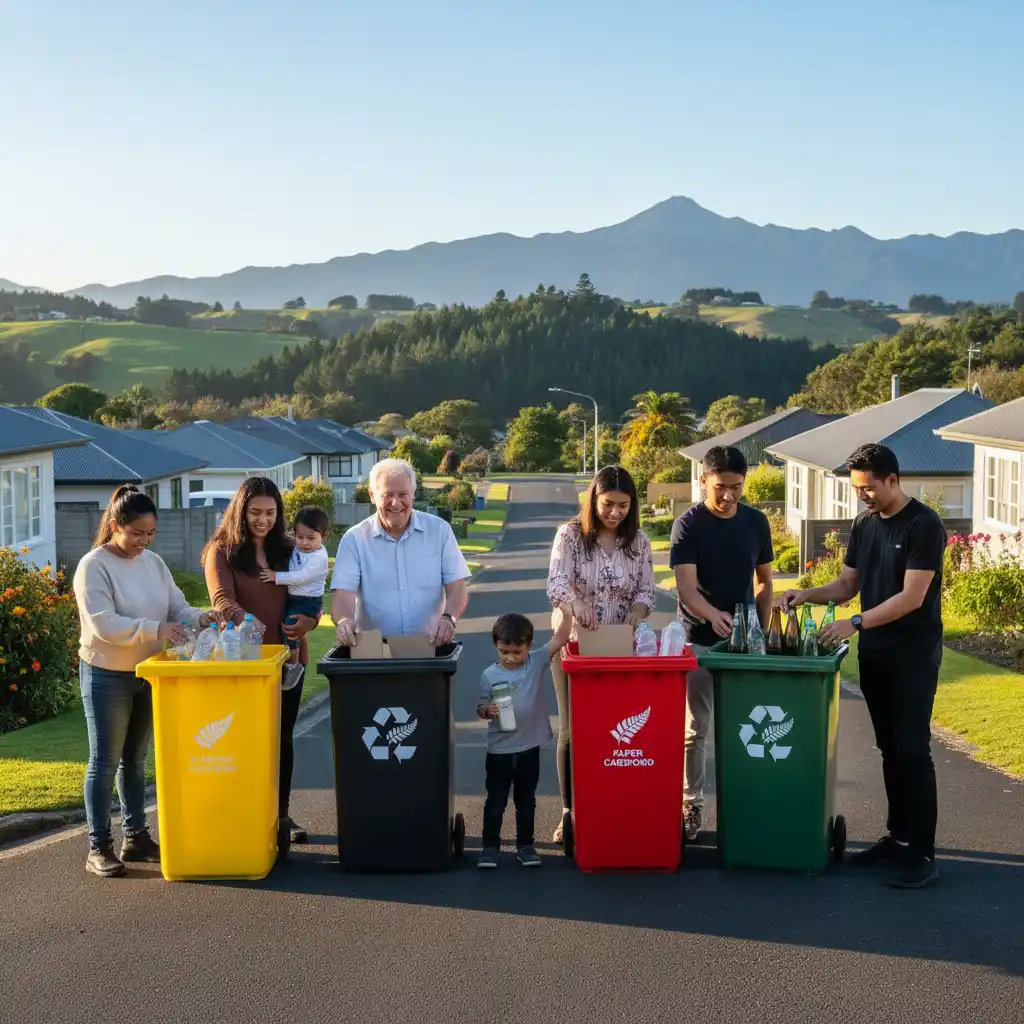 Community members engaging in sustainable recycling practices in New Zealand