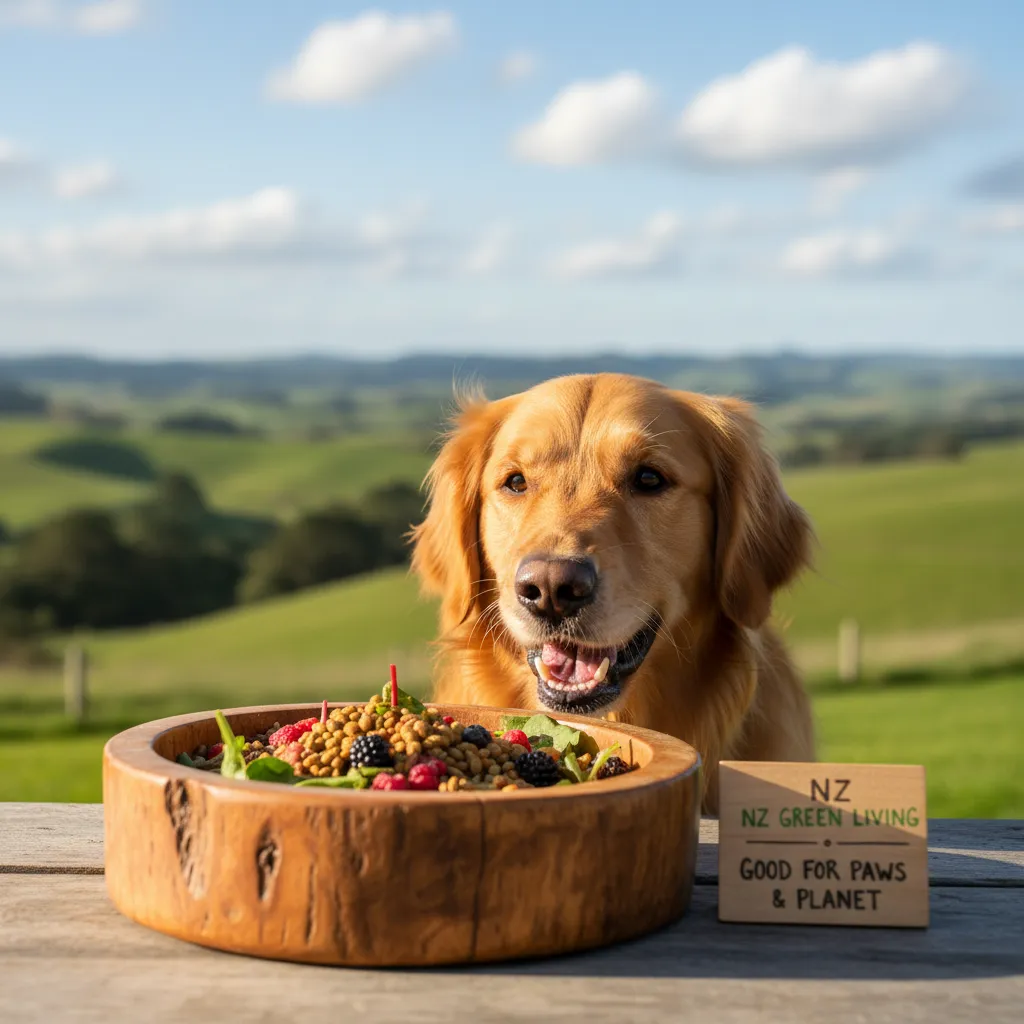 Happy golden retriever enjoying sustainable pet food in New Zealand