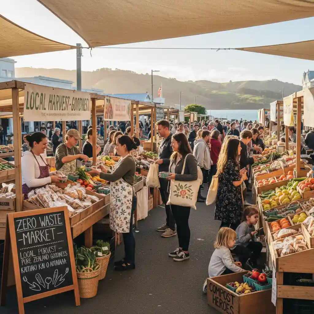 People at a New Zealand farmers market using reusable bags for unpackaged produce, embodying waste reduction