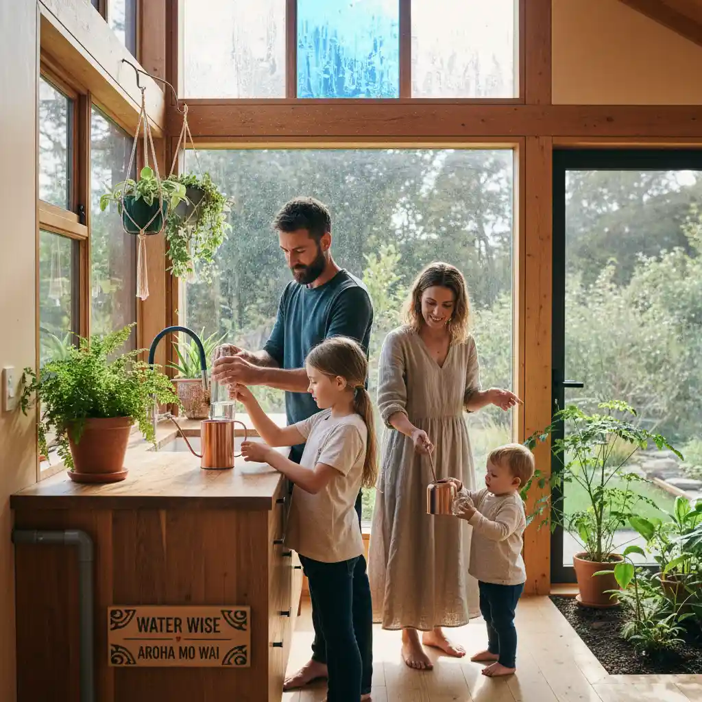 Family practicing effective water conservation in a New Zealand home