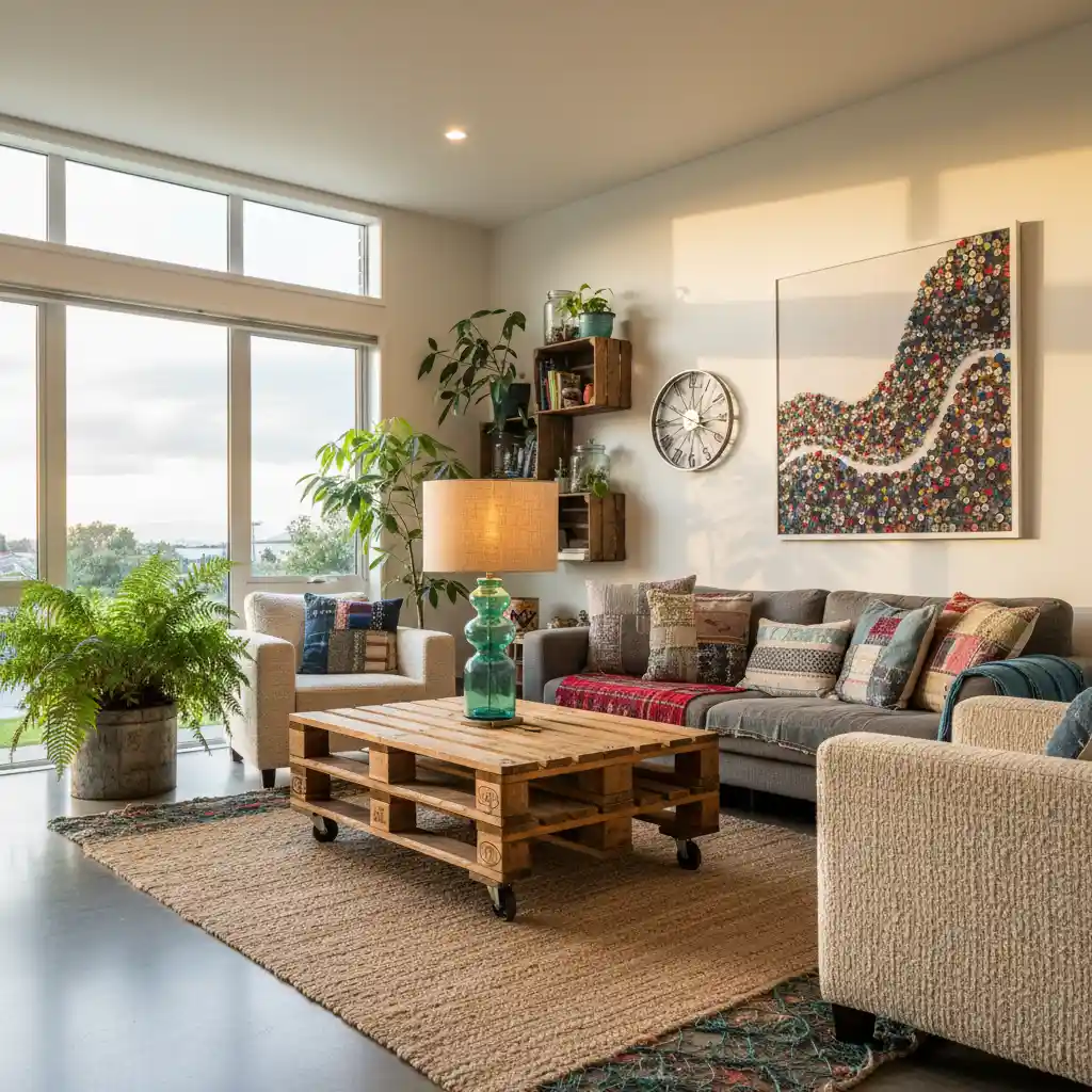 Upcycled home decor in a modern living room