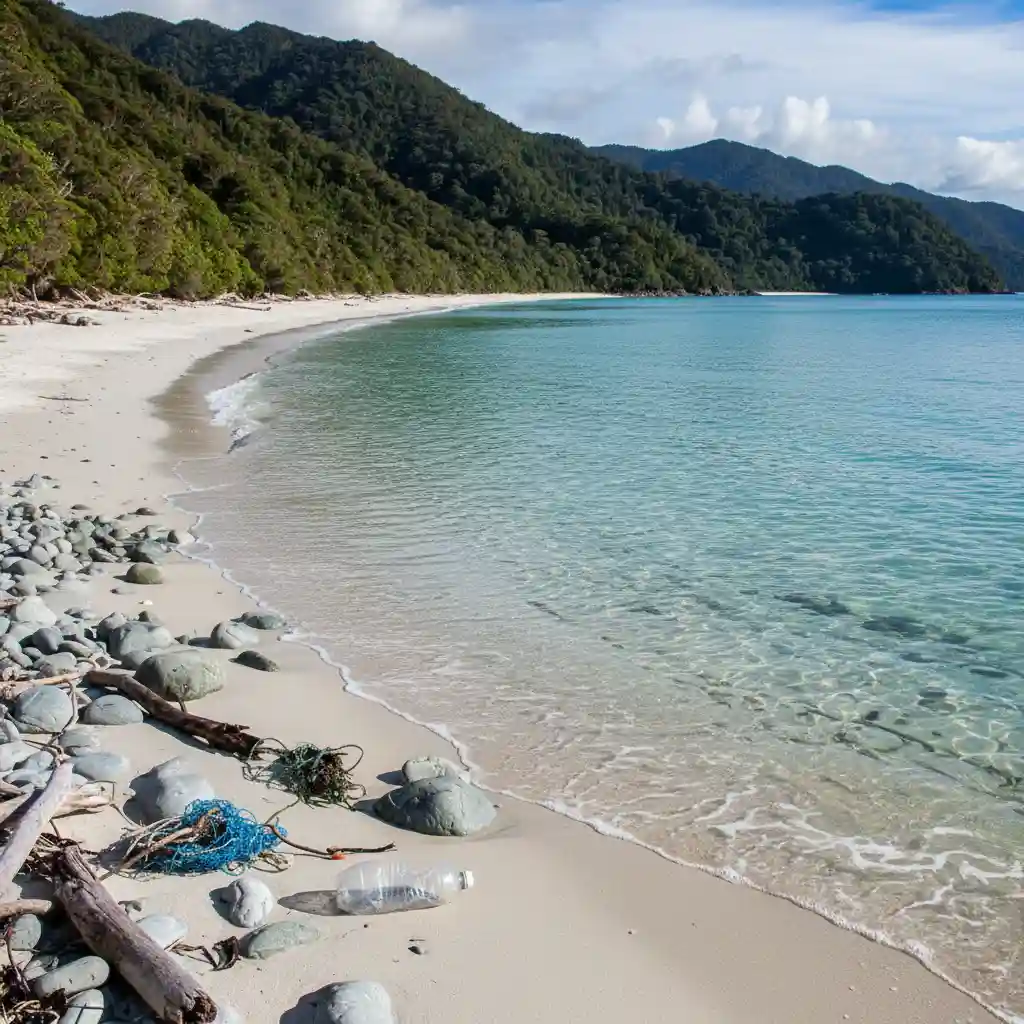 Pristine New Zealand beach with a small piece of plastic highlighting the importance of plastic free living